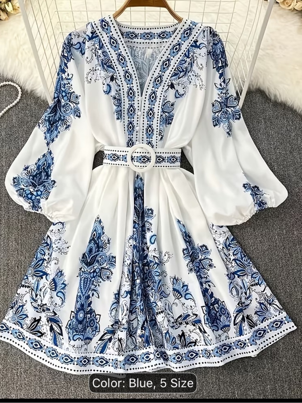 White & Blue Print Mini Dress - V-Neck Boho Tunic